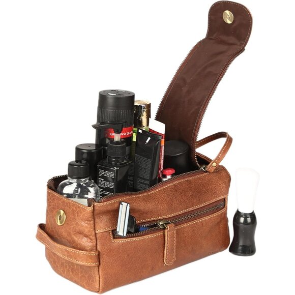 Unisex Chicago Tan Premium Buffalo Leather Toiletry Bag Travel Shaving kit - Picture 6 of 9